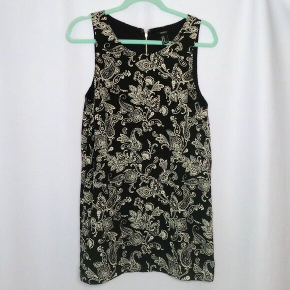 Forever 21 Paisley Sleeveless Mini Shift Tank Dress Lined Black/Tan Flowy Med - Picture 2 of 10